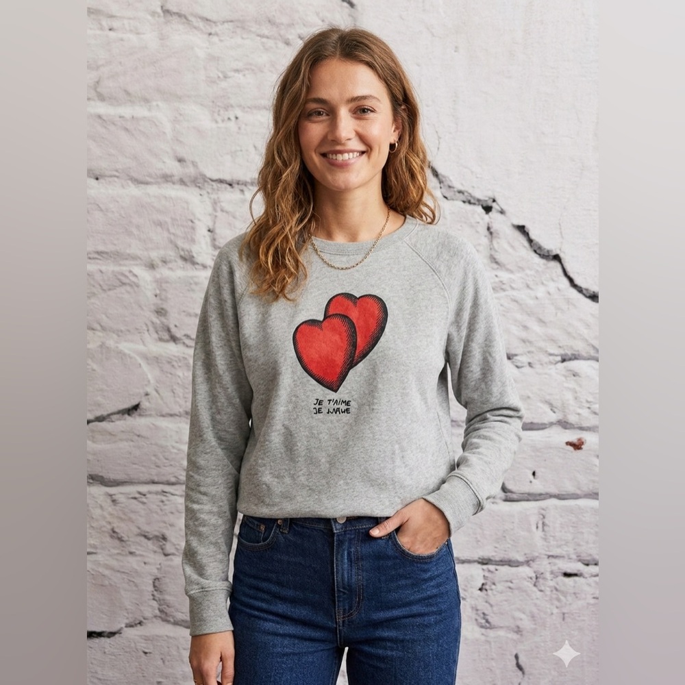 ZADIG &‎ VOLTAIRE Upper Double Heart Love Sweatshirt Gray Heart J'Taime Grey